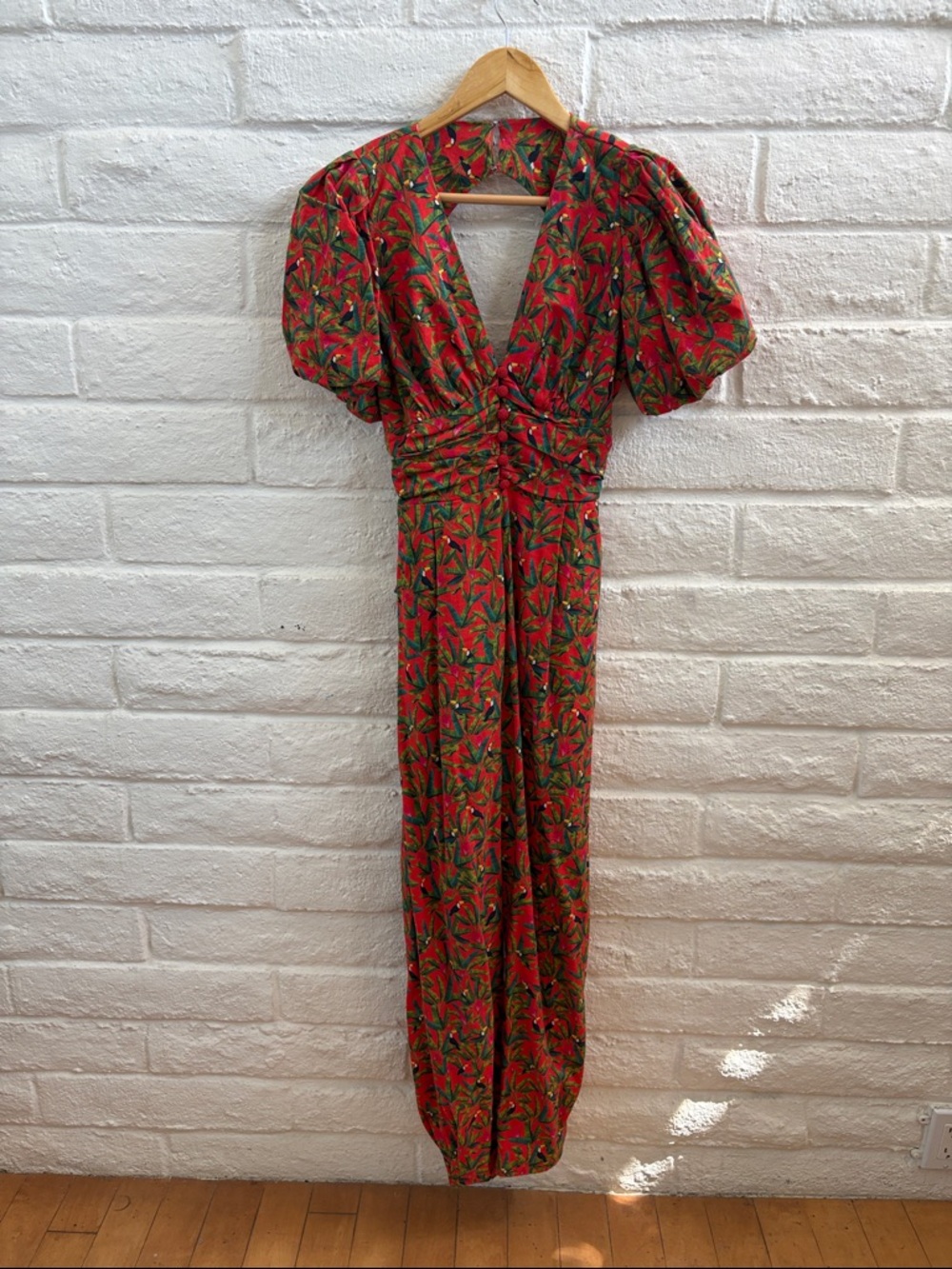 FARM Rio Red Tropical Print Jumpsuit with Green Accents